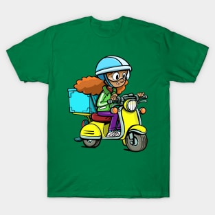 girl from a courier service on a motorcycle delivers a package T-Shirt